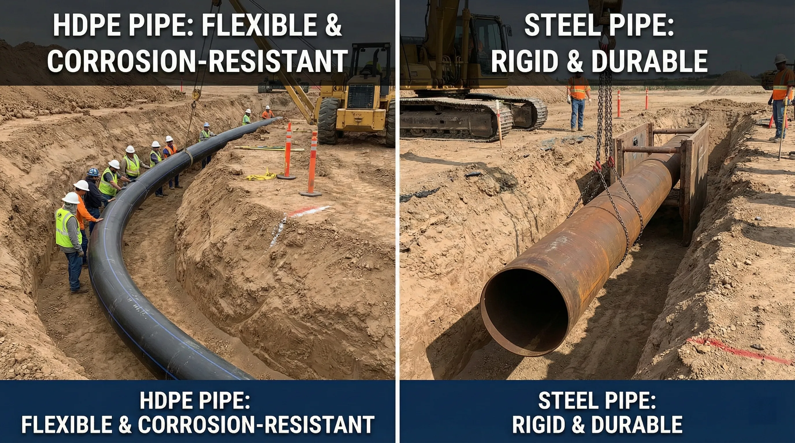 Side-by-side comparison of HDPE pipe and steel pipe used in infrastructure projects showing flexibility of HDPE and rigidity of steel in underground pipeline setting