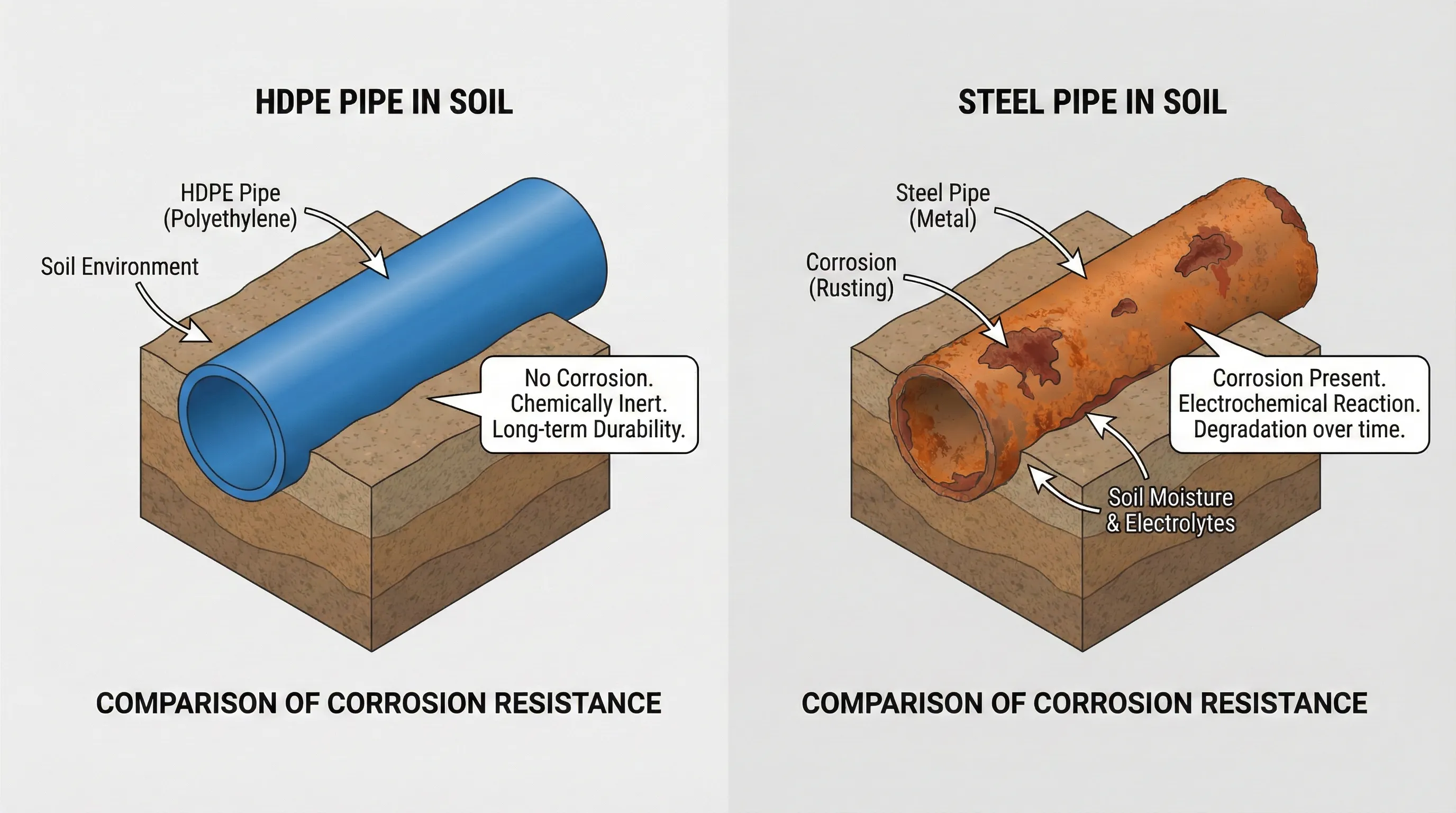 Cross-section diagram comparing corrosion resistance of HDPE pipe versus steel pipe in soil environment with labeled components