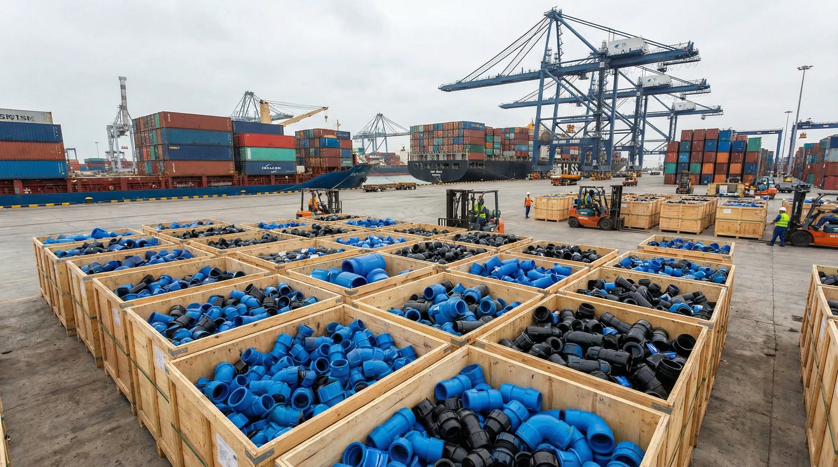 Pipe fittings packed in wooden crates at seaport with cargo containers and cranes