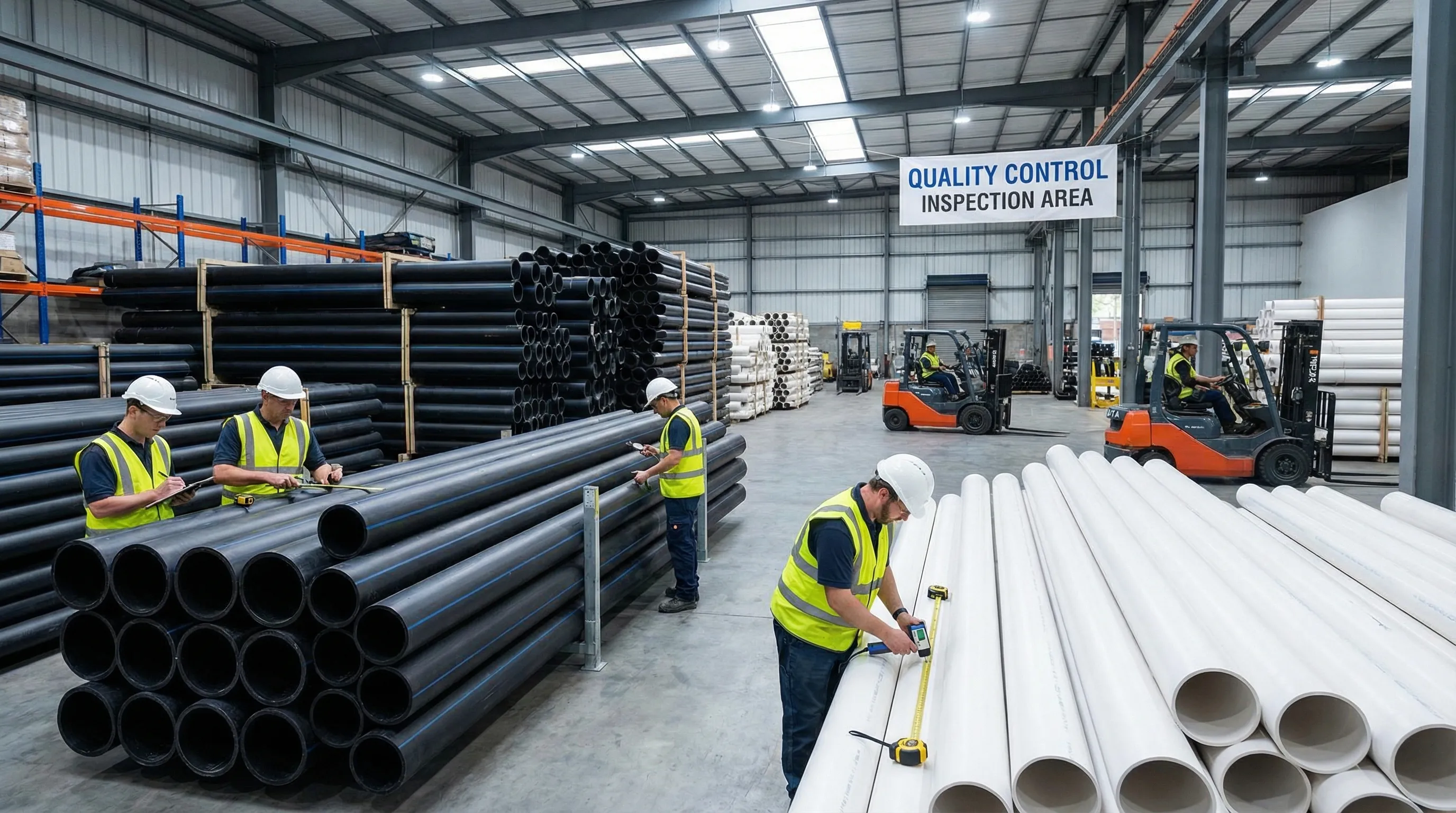 Industrial HDPE and PVC pipes stacked in factory warehouse during quality inspection